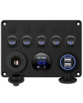 5 Gang Switch Panel 12V/24V with Digital Voltmeter Blue LED Equipped with Cigarette Lighter Socket a